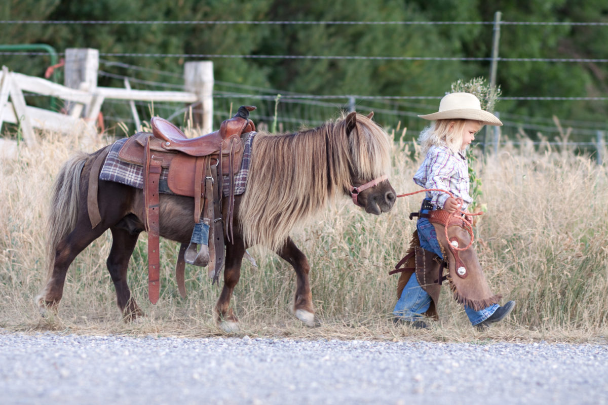 Little girl with cowboy hat,walking with her little horse.