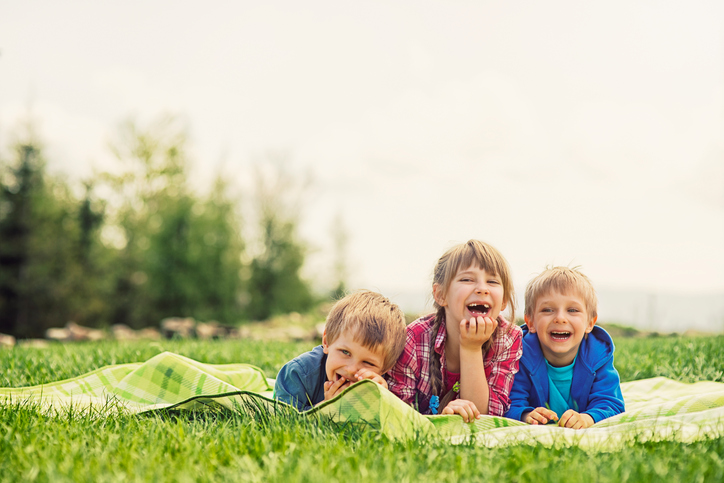 孩子们躺在草地上的毯子上，享受着有趣的春天野餐。