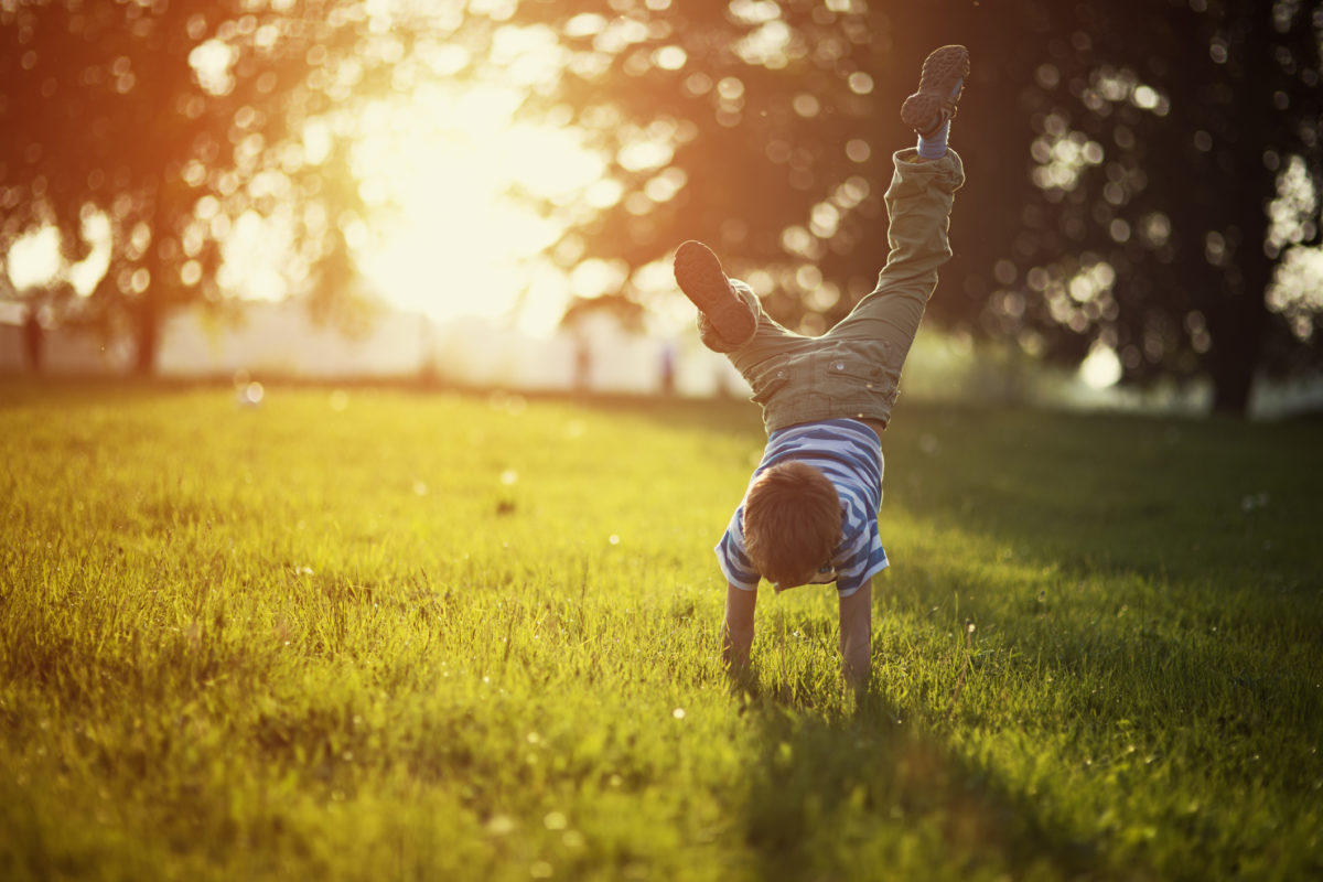 一个小男孩在公园或花园的草地上玩耍的肖像。那男孩双手站立着。阳光明媚的春晚或夏夜。克是的d级F级4y2Ba
