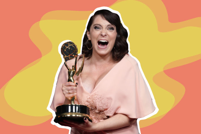 LOS ANGELES,CALIFORNIA - SEPTEMBER 14: Rachel Bloom poses in the press room with the award for outstanding original music and lyrics for 'Crazy Ex Girlfriend' during the 2019 Creative Arts Emmy Awards on September 14,2019 in Los Angeles,California.