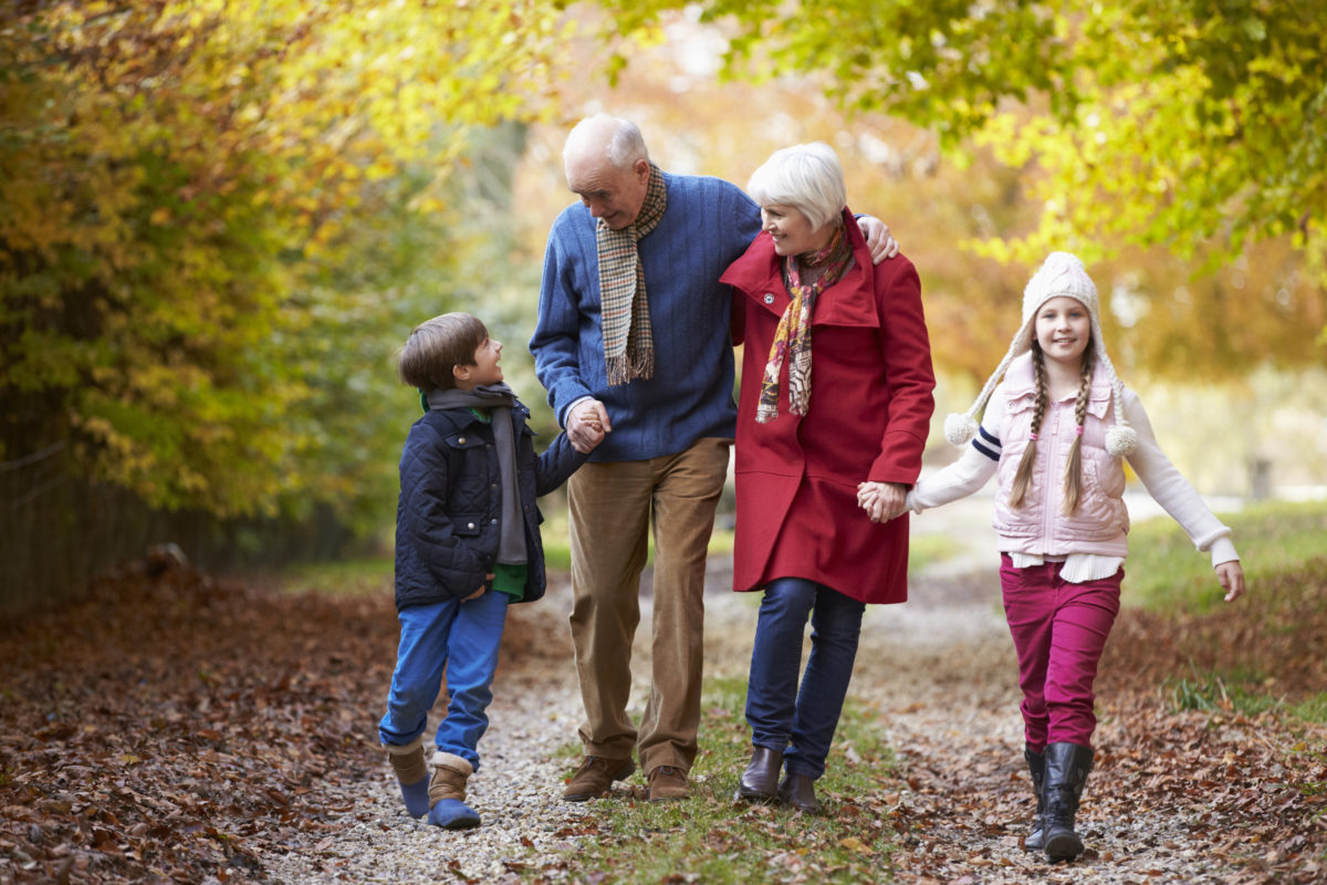 带着孙子孙女的祖父母牵着手走在秋天的小路上户外的描述