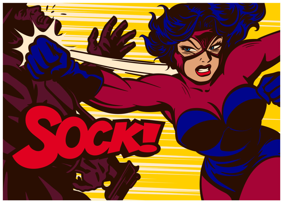 流行艺术漫画风格的超级英雄战斗和打击超级恶棍矢量插图