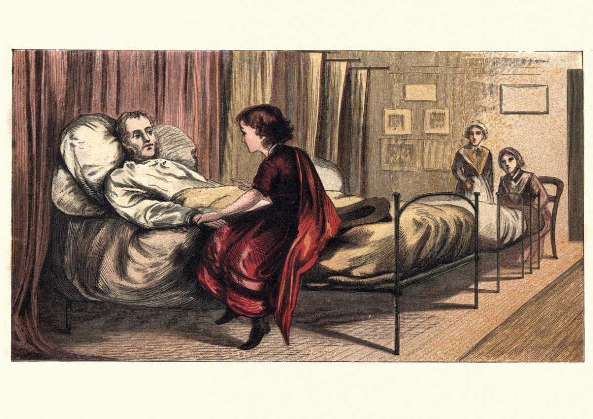 维多利亚时代的女孩去医院看望她父亲，十九世纪
