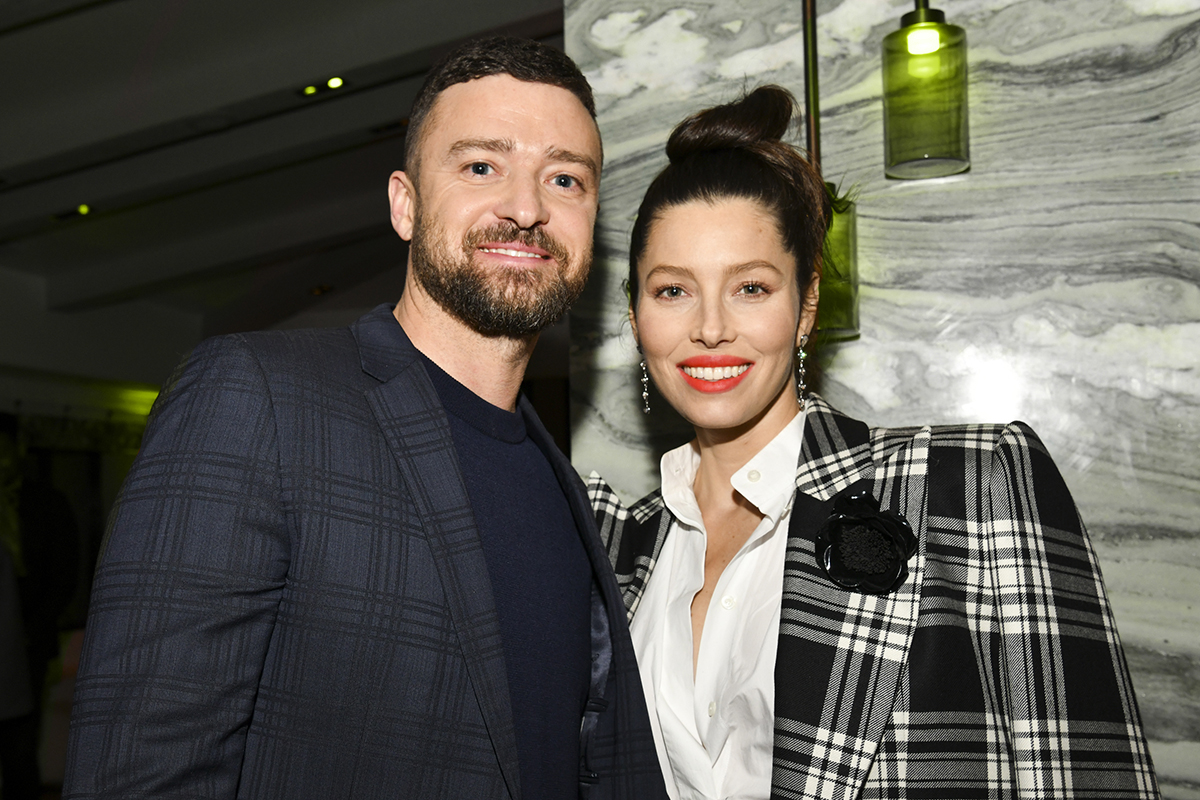 WEST HOLLYWOOD, CALIFORNIA - FEBRUARY 03: (L-R) Justin Timberlake and Jessica Biel pose for portrait at the Premiere of USA Network's 