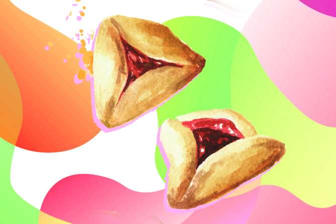 传统犹太曲奇饼落在哈曼塔森或哈曼人的耳朵里，作为普瑞姆节日的礼物。白色背景上的手绘水彩插图