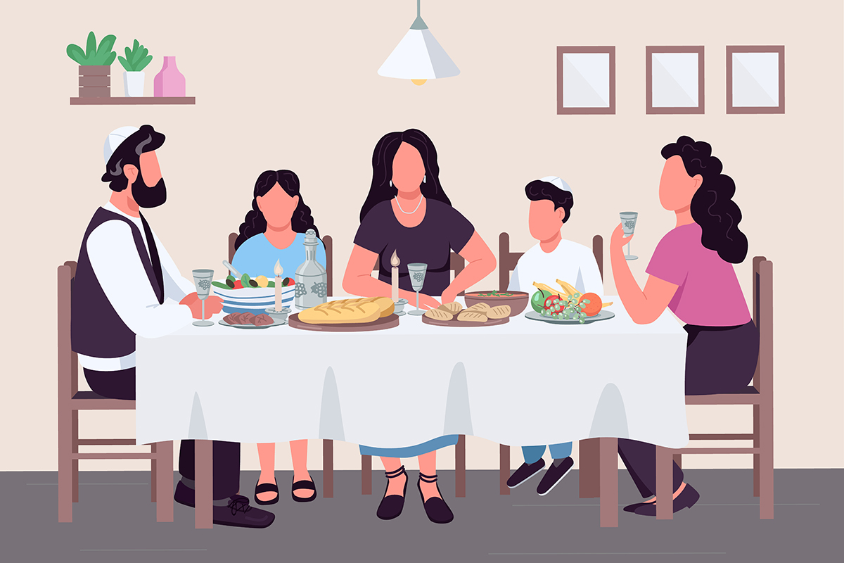 吃晚餐的家庭在与一张白色桌布的一张桌上，佩带雅各布的人。