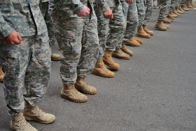 士兵排队，制服和靴子。