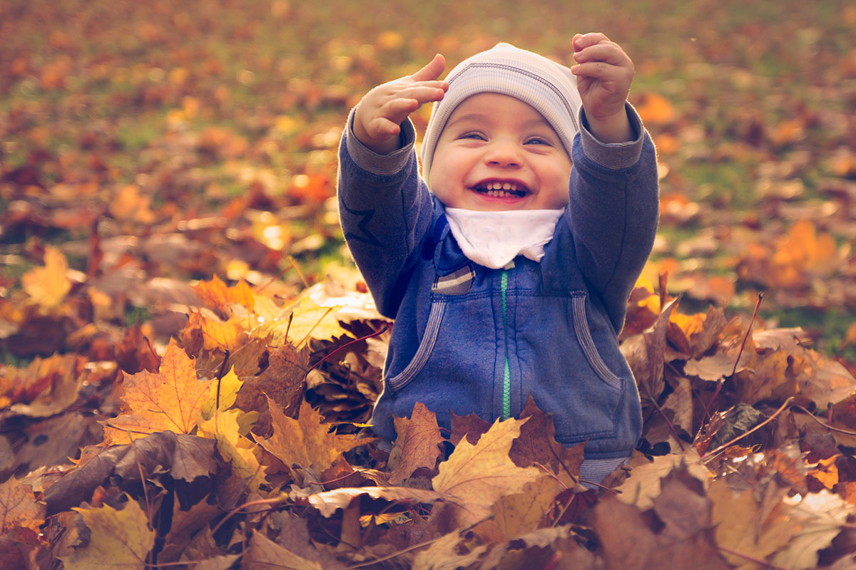 快乐的宝宝在落叶中玩耍